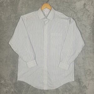 Brooks Brothers Shirt Mens 16-32 Button Up White Blue Yellow Striped Traditional